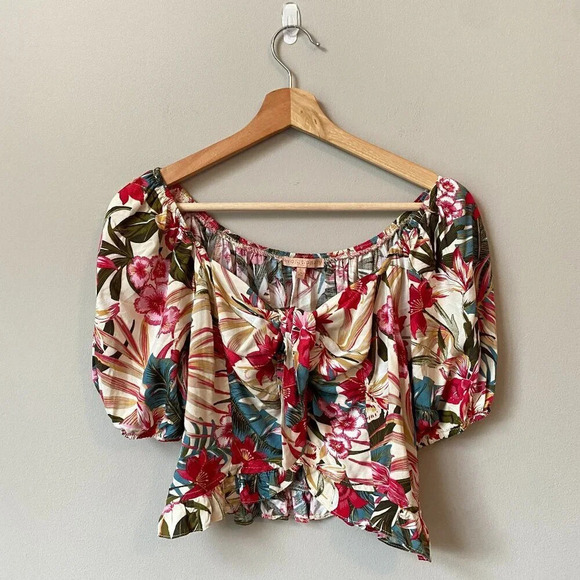 Evolutionary Women's Large Tropical Floral Print Crop Top Puff Sleeves USA Made - Picture 1 of 16